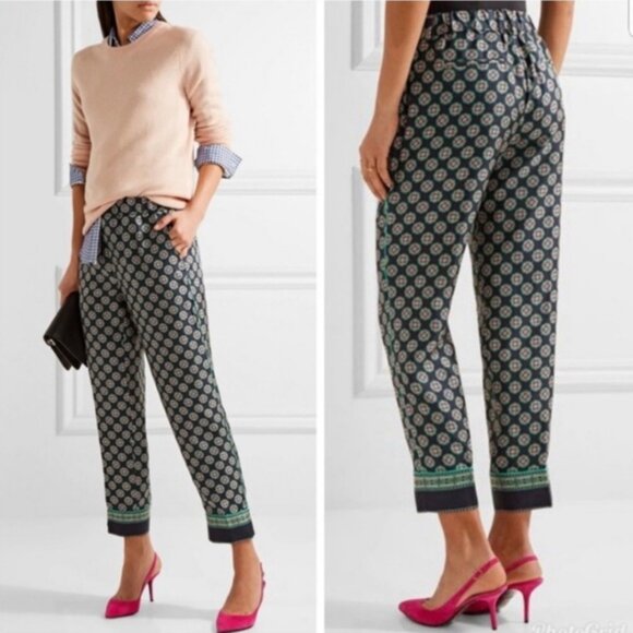 J. Crew Pants - JCREW Foulard Print Silk Navy Green Ankle Pants Womens Sz 10 Old Money Chic
